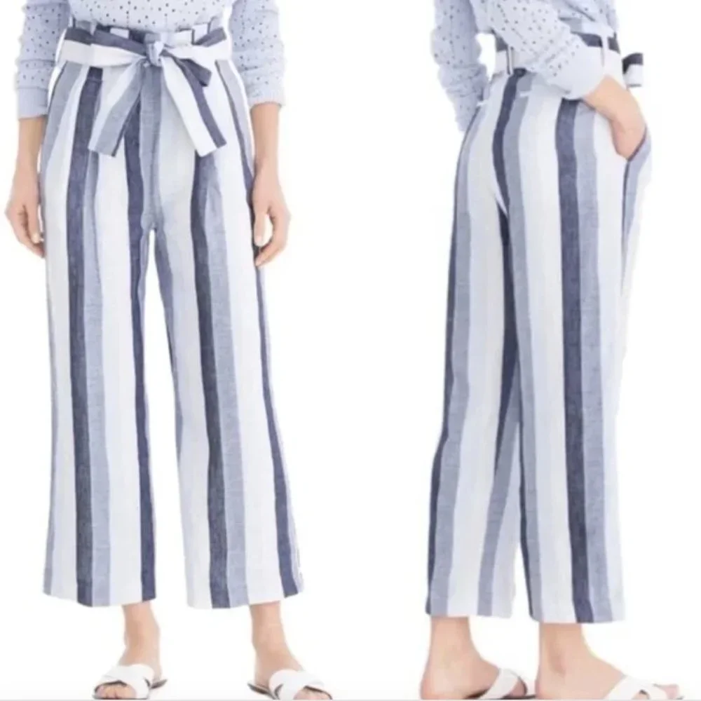 J.Crew NWOT Point Sur Paper Bag Linen Striped Wide Leg Pants, L2547 - Picture 2 of 13